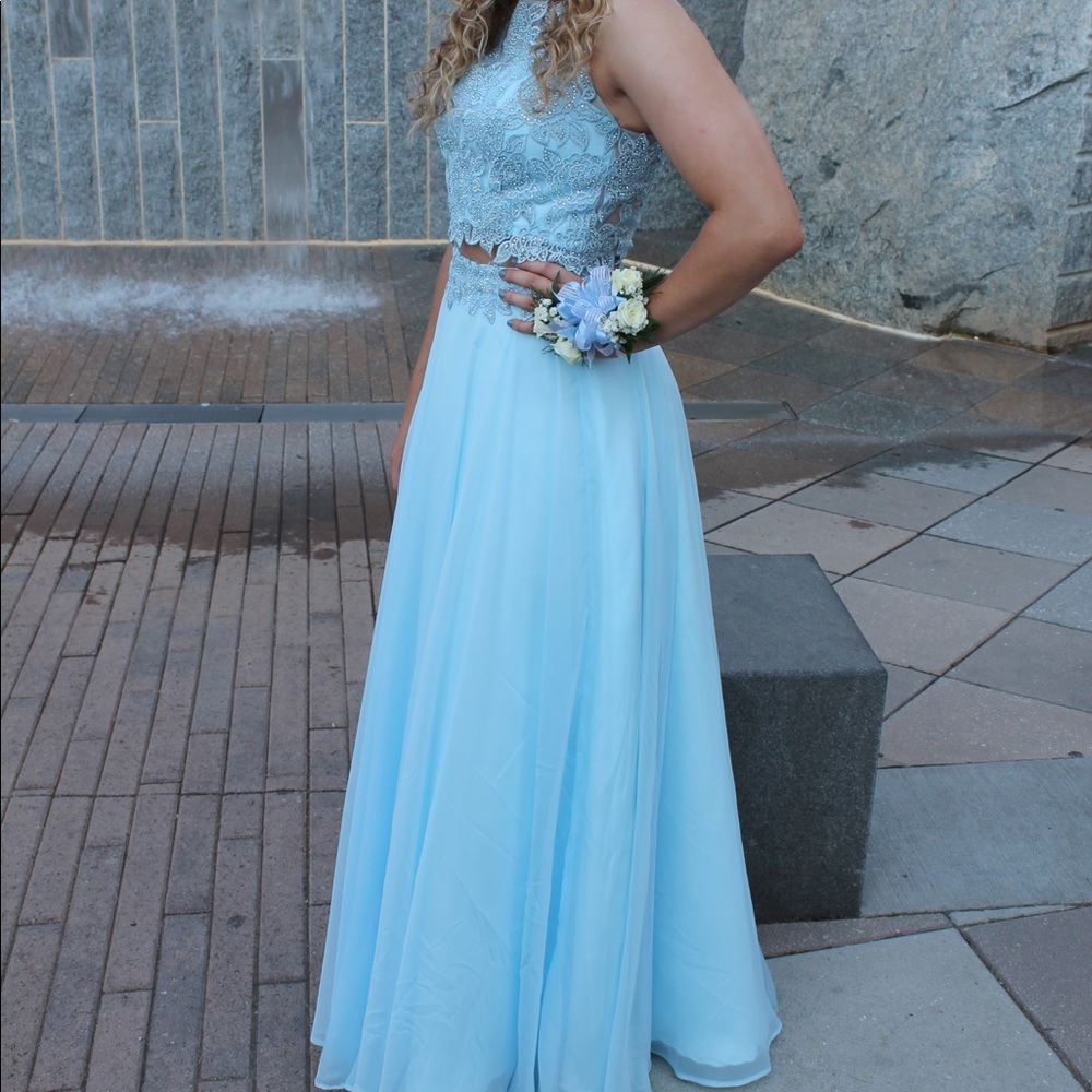light blue 2-piece prom dress